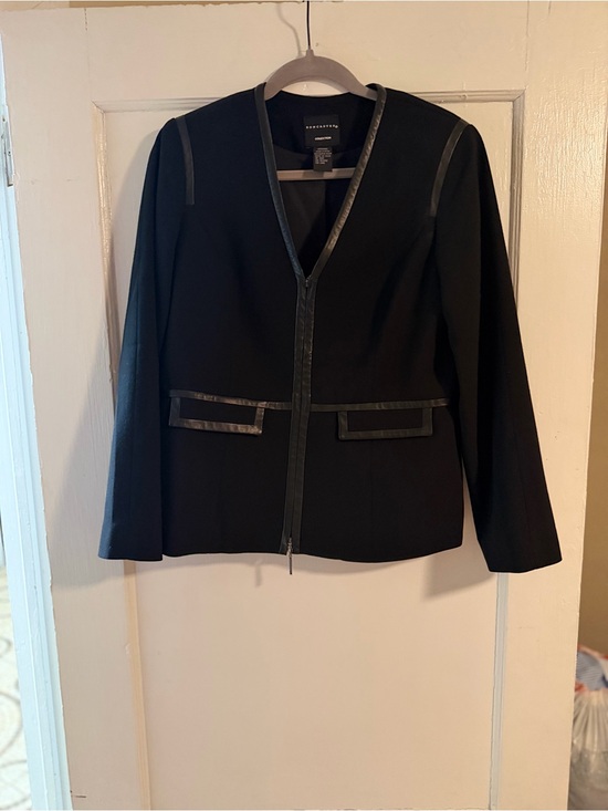 Doncaster Jackets & Blazers - Doncaster Collection Black Wool Blazer Jacket Leather Trim Size 10P Petite